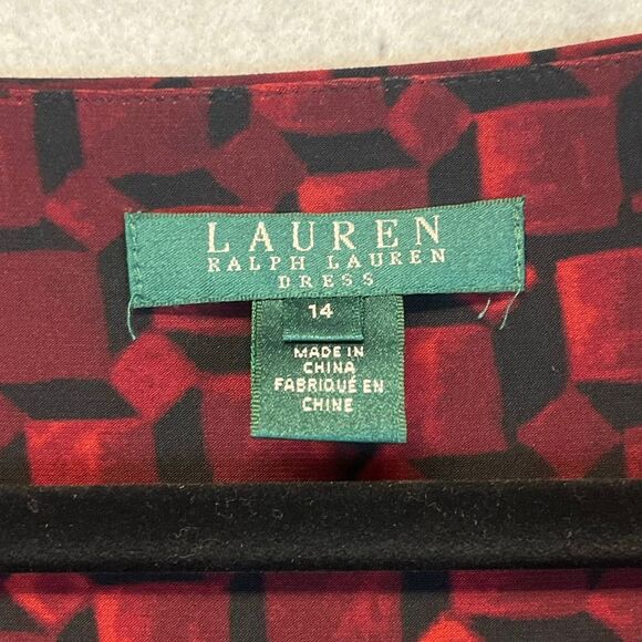 NWT LAUREN RALPH LAUREN Sheath Dress Sz 14 Red Geometric Ruched Midi 3/4 Sleeve - Picture 4 of 16